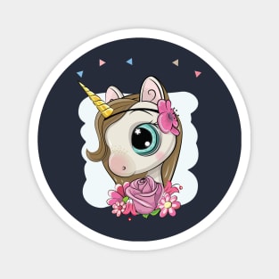 Cute little unicorn girl with big eyes and flowers on blue background Magnet